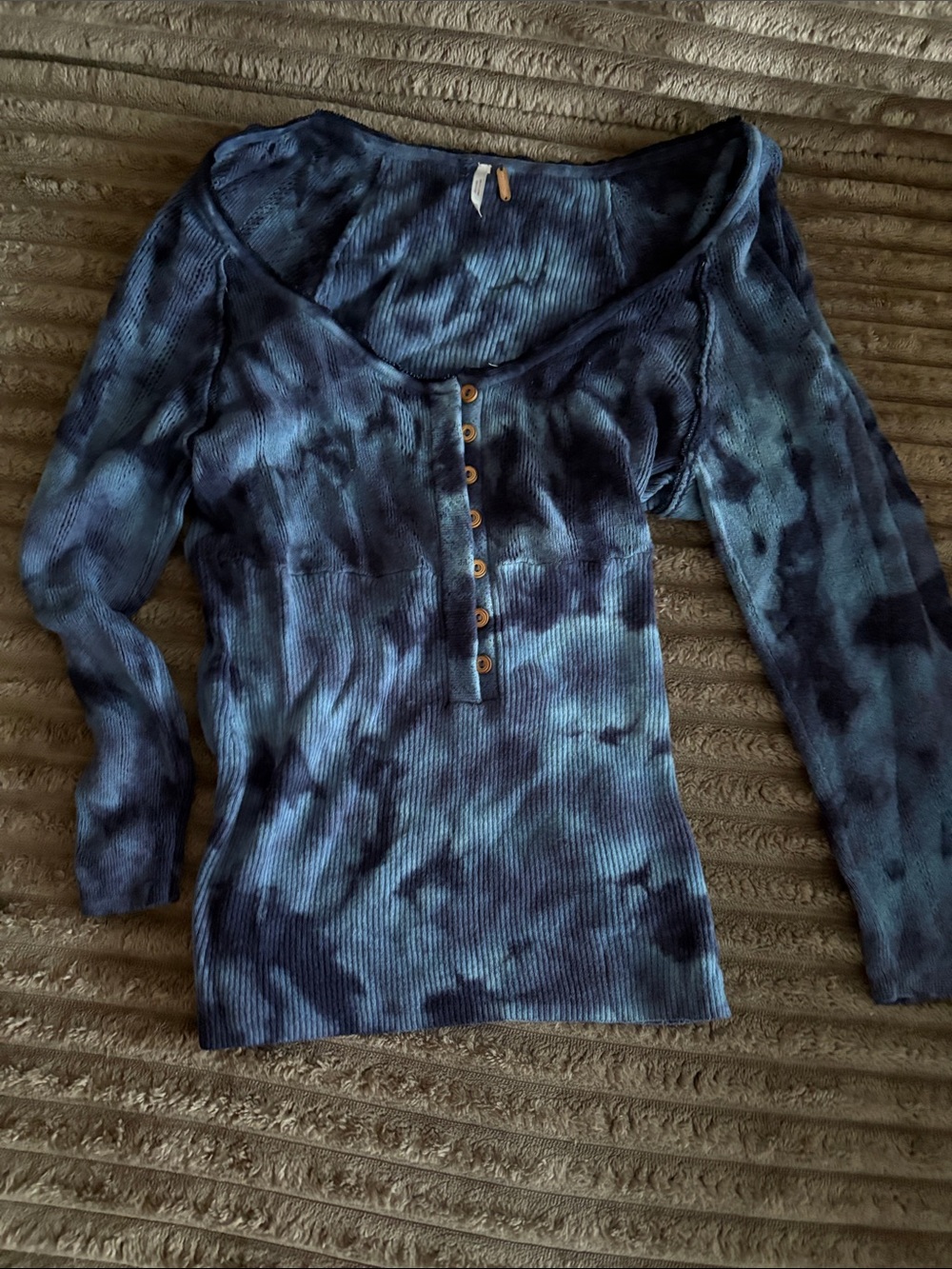 Free People Navy Tie-Dye Ribbed Henley Long Sleeve Top